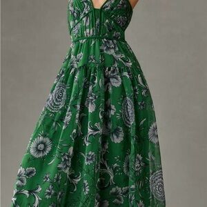 Anthropologie Green Floral Empire-Waist Maxi Dress
